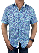 Splash Geometric Cotton S/S Big Mens Shirt - Blue