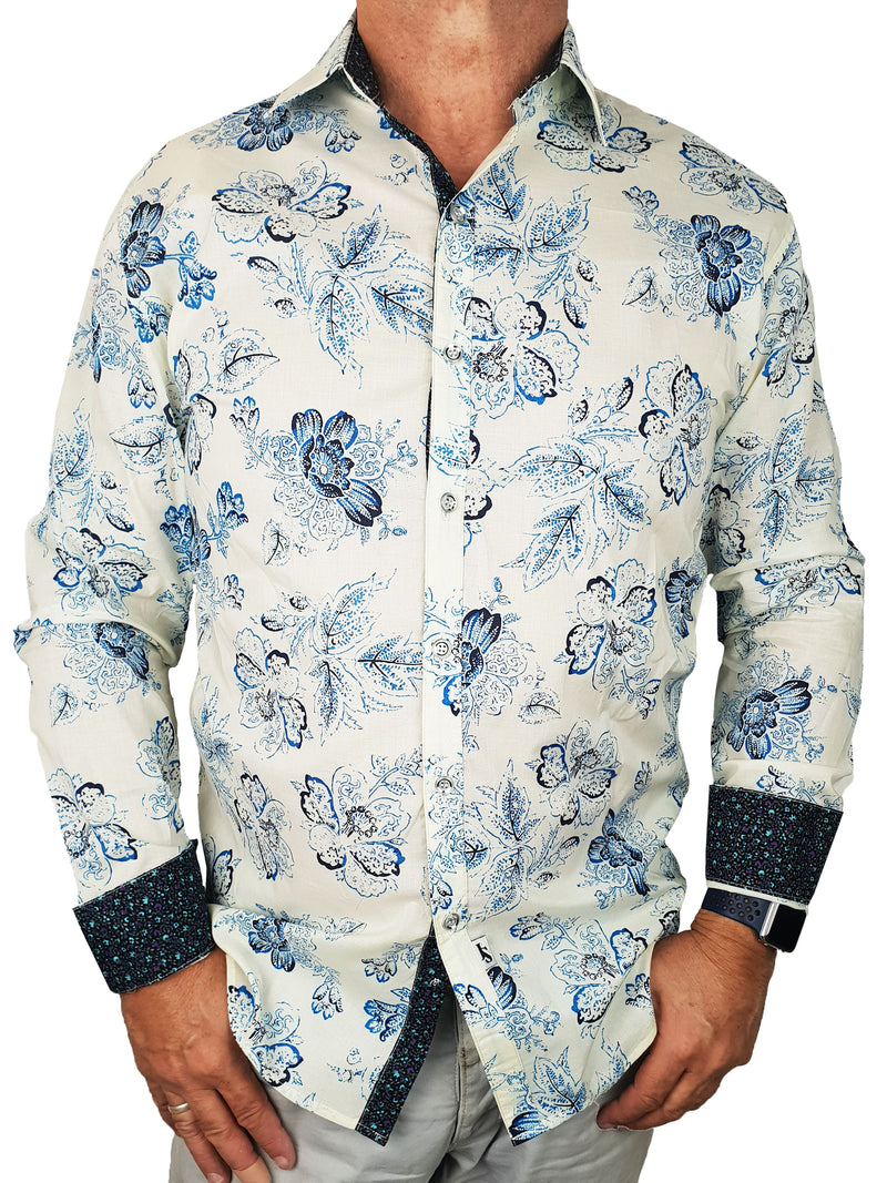 Transfer Floral Cotton L/S Shirt - White/Blue