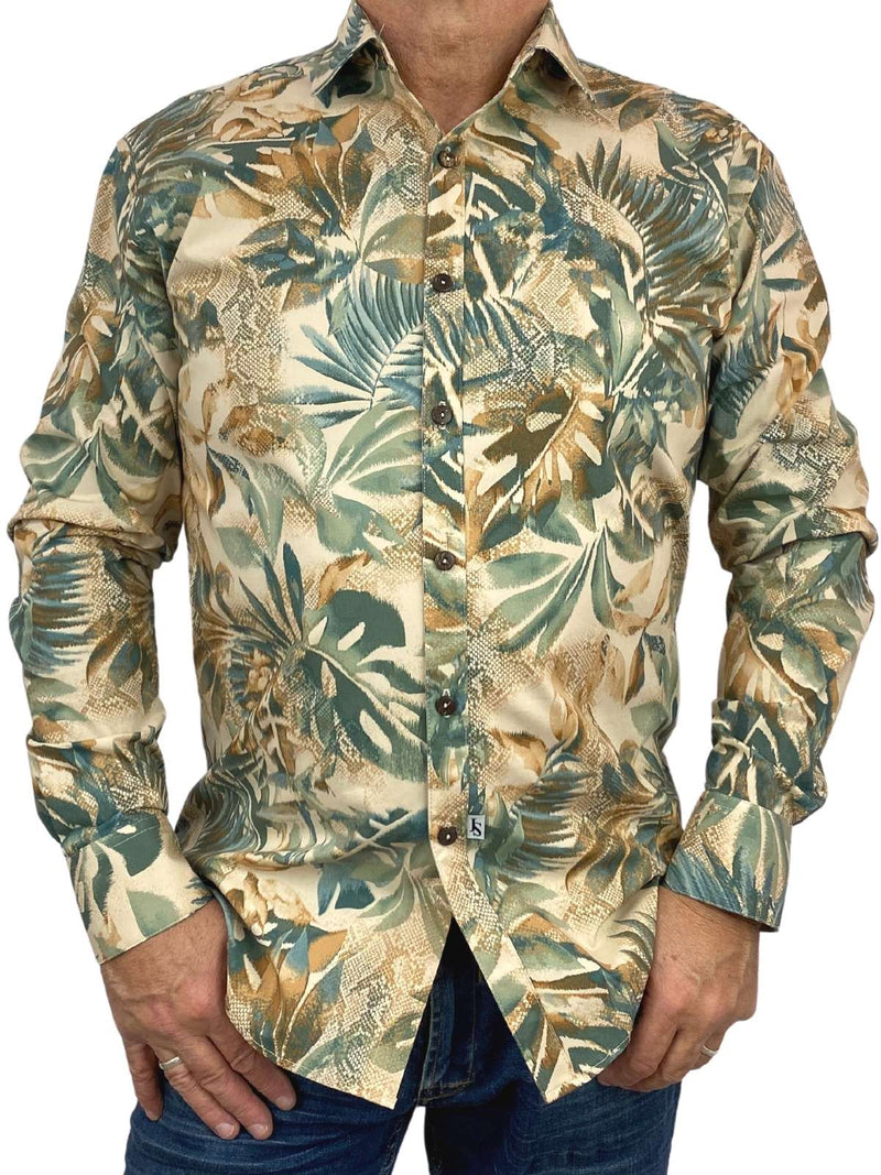 Tropcial Hawaiian Cotton L/S Big Mens Shirt - Green/Taupe