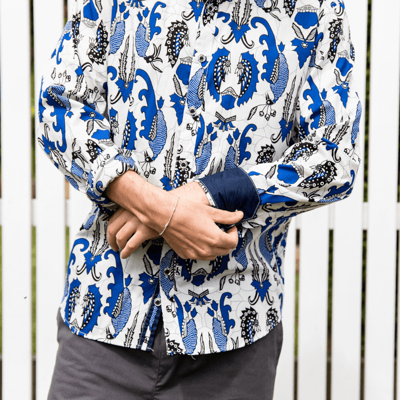 Fantail Abstract Cotton L/S Big Mens Shirt - Blue/White