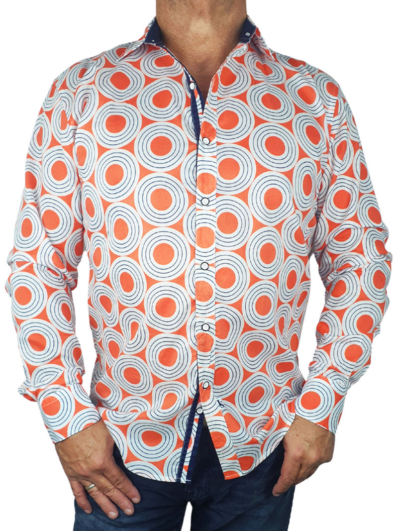 Vinyl Geometric Cotton Voile L/S Shirt - Orange/White