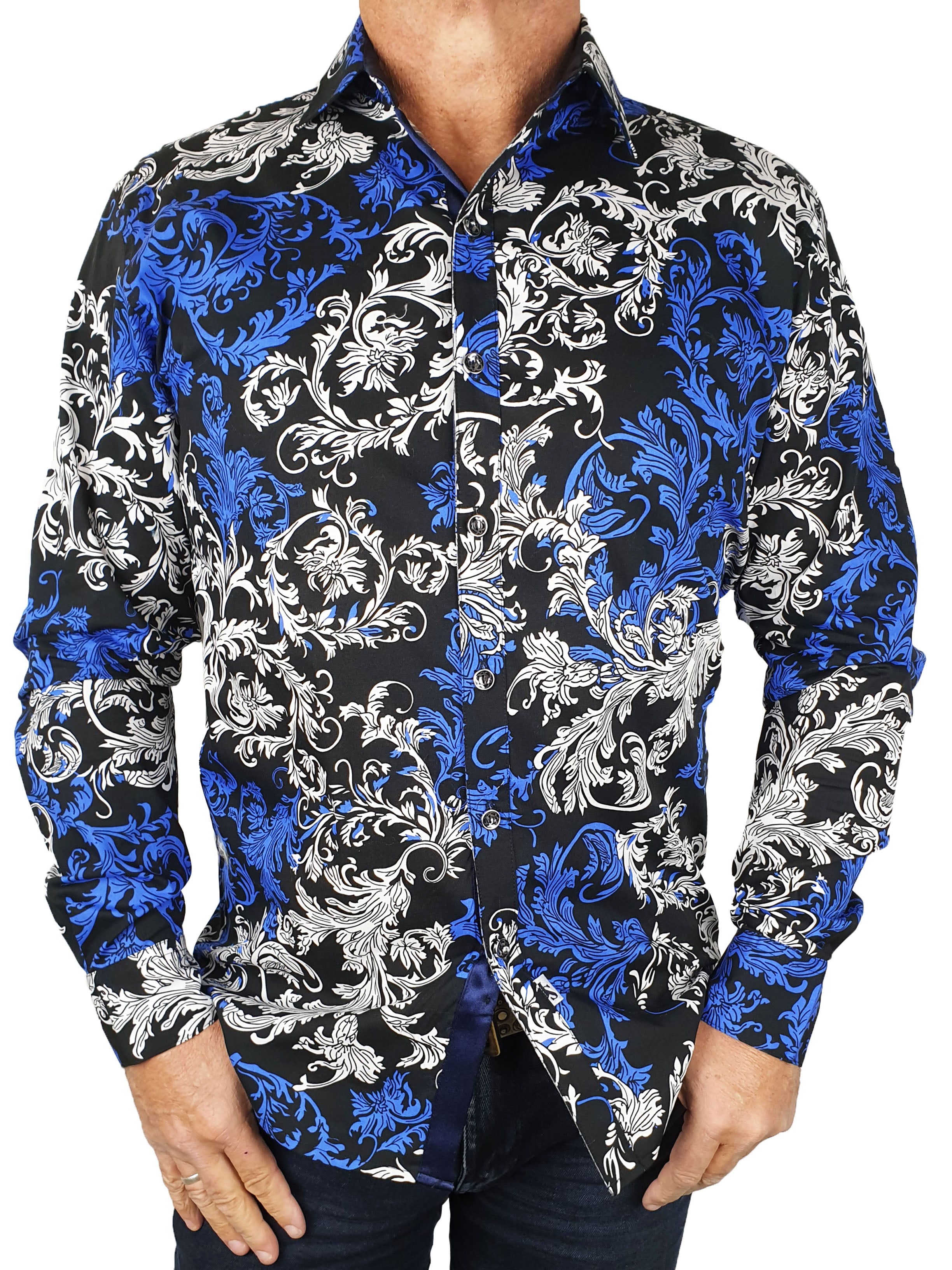 Wisteria Abstract Cotton L/S Big Mens Shirt - Blue/White/Black