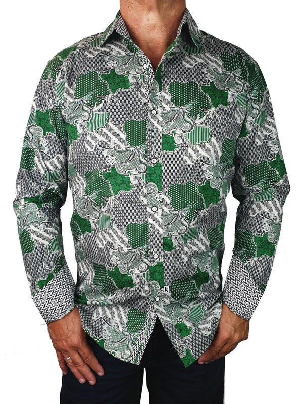 World Abstract Cotton L/S Shirt - Green/Grey
