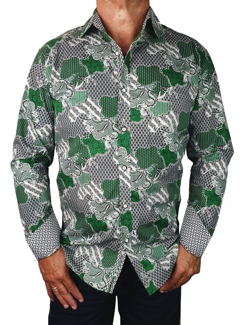 World Abstract Cotton L/S Shirt - Green/Grey